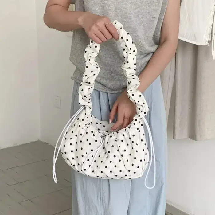 Sac bandoulière plissé rétro à pois grande capacité pour femme
