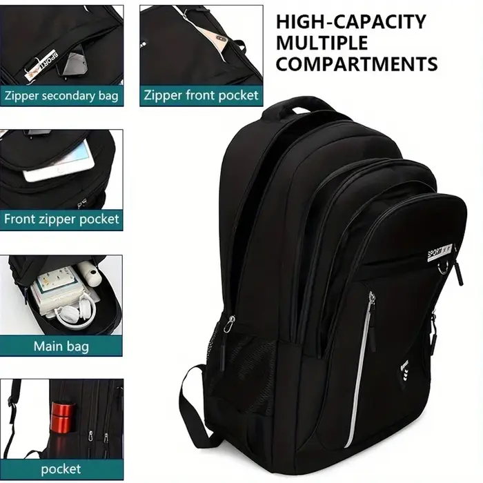 Sac à dos noir sportif tendance avec détails multicolores pour un usage quotidien