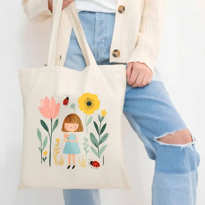 Sac fourre-tout en toile crème avec imprimés fille