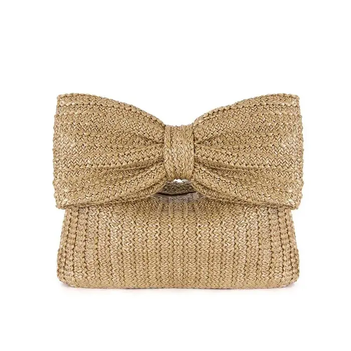 Pochette d'été tissée en paille pour femmes, sac à main avec nœud, fourre-tout de plage, fête de mar