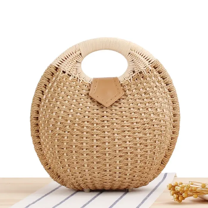 Sac à main rond tissé à la main en rotin naturel pour femmes, sac à poignée supérieure, mode d'été b