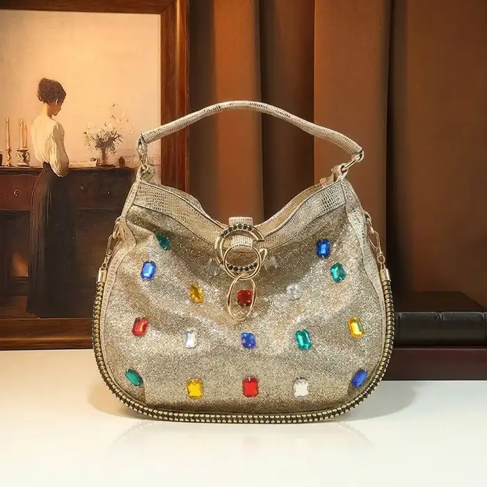 Sac à bandoulière hobo léopard scintillant avec pierres précieuses colorées