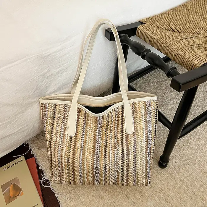 Sac fourre-tout pour femme en toile grande capacité, style carré horizontal, à rayures, décontracté,