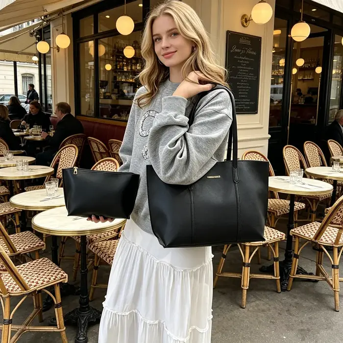 Sac fourre-tout en cuir noir avec pochette