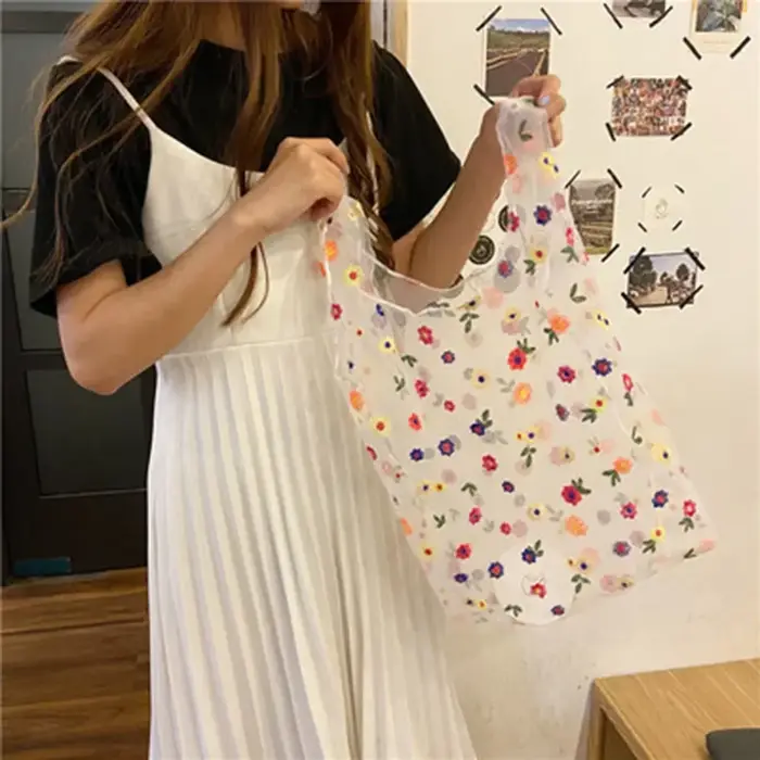 Sac à provisions pliable et réutilisable pour femme, sac à main brodé de fleurs, sac fourre-tout d'é