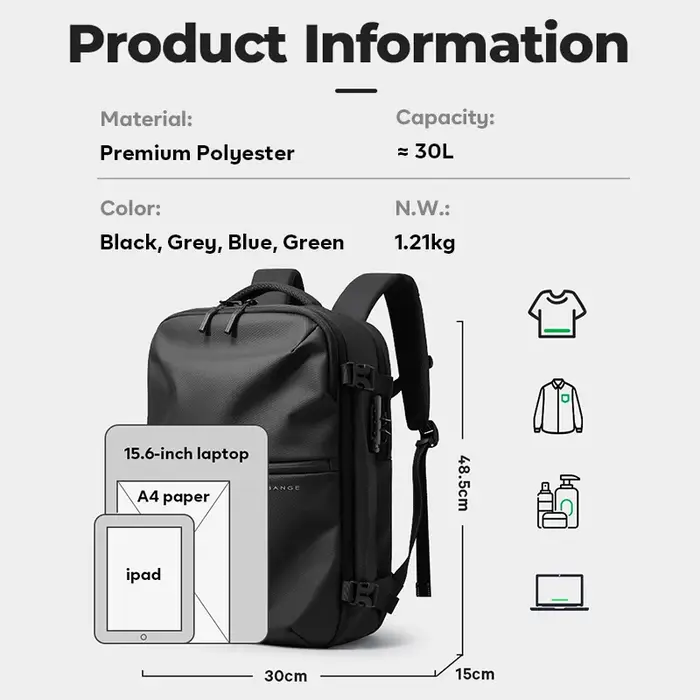 BANGE Hot nouveau sac de cabine antivol séparation humide et sèche sac à dos de voyage pour hommes femmes bagages à main 15.6 pouces sacs à dos d'ordinateur portable