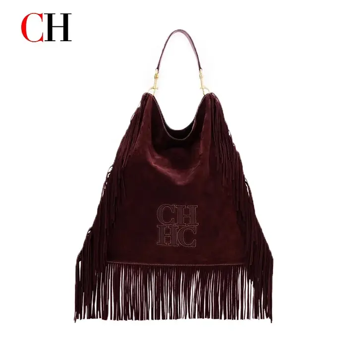 Sac Hobo à Franges CH en Cuir Véritable et Daim Marron Grande Capacité