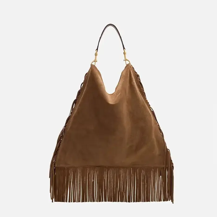 Sac Hobo à Franges CH en Cuir Véritable et Daim Marron Grande Capacité