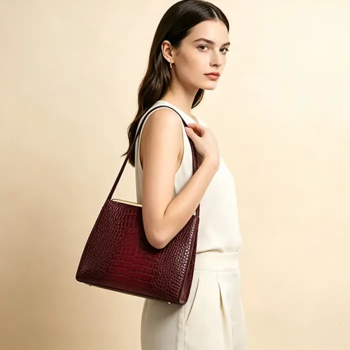 Sac à main classique Vintage motif Crocodile bordeaux en cuir synthétique