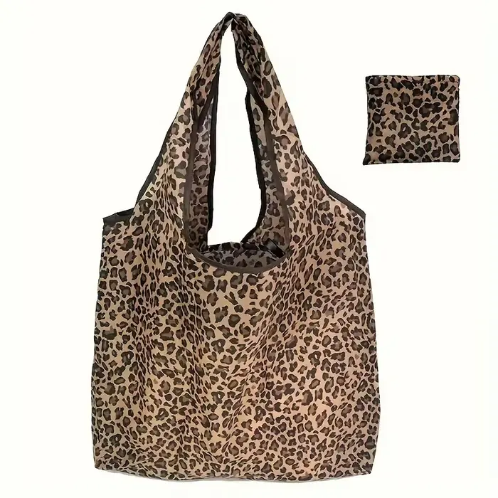 Sac de courses pliable à imprimé léopard - Sac en nylon léger et étanche avec poignées robustes pour l'épicerie et le supermarché