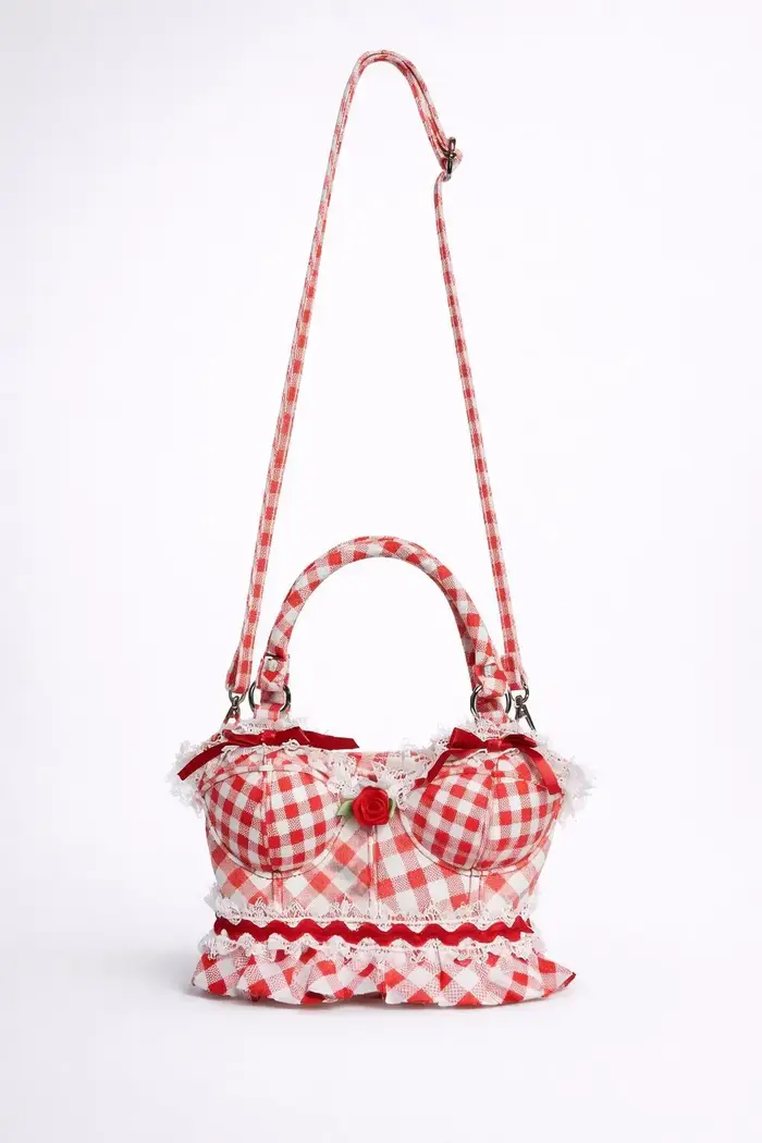 Sac à main vintage en cuir PU à carreaux avec dentelle florale et motif rose