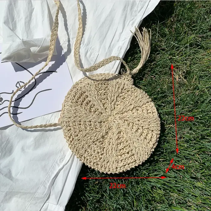 Sac à bandoulière rond en paille d'été pour femmes, sac à main de grande capacité tissé à la main, s