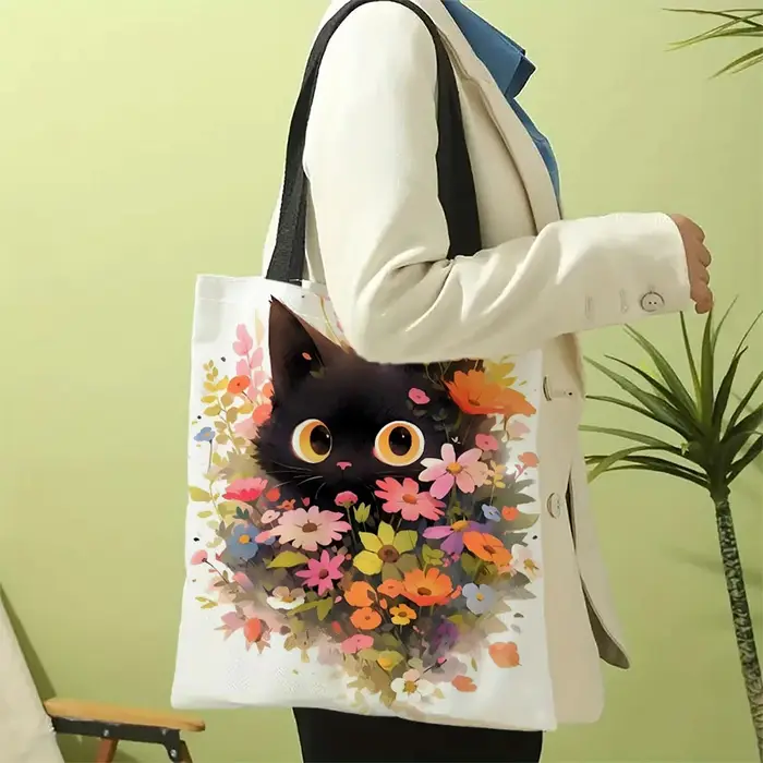 30x35 cm Van Gogh chat noir sac fourre-tout fleur Portable décontracté Eco sac à main sac à provisions Design livres et