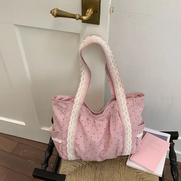 Sac fourre-tout en dentelle à pois grande capacité pour femme, sac à bandoulière pour étudiante, sac