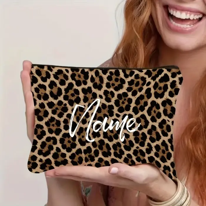 Pochette de maquillage élégante à imprimé léopard avec fermeture éclair, sac personnalisé avec nom, 