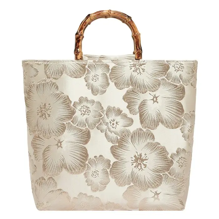 Sac fourre-tout en toile jacquard avec poignée en bambou