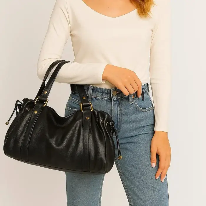 Sac fourre-tout vintage en cuir souple plissé avec cordon de serrage