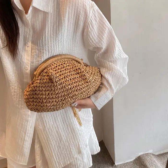 Sac en paille tissé pour femmes, sac à bandoulière élégant avec sangle en chaîne, sac à bandoulière 