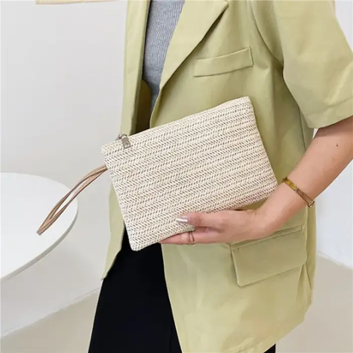 Pochette pour femmes sac à dos fait à la main mode dames bracelet fille téléphone solide paille tissé porte-monnaie plage portefeuille frais doux