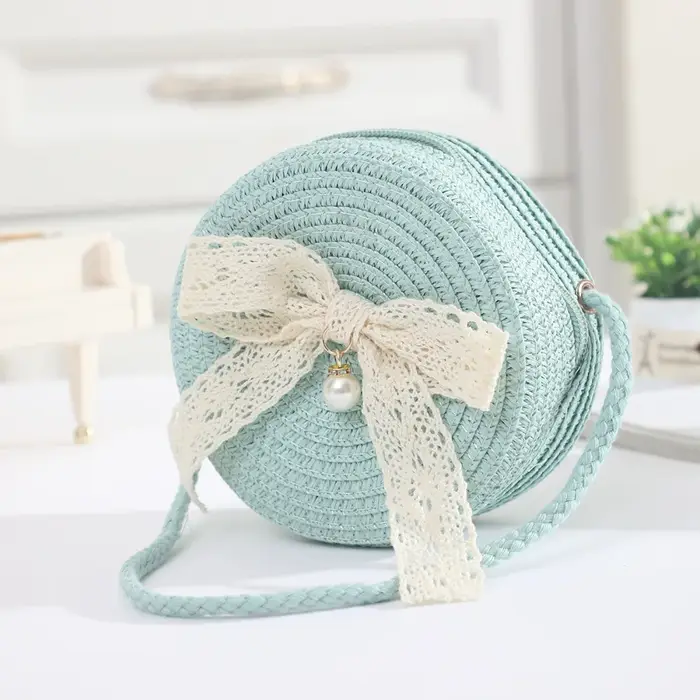 Mini sac en paille avec nœud en dentelle, rond et léger, sac de plage d'été tissé à la main avec fer