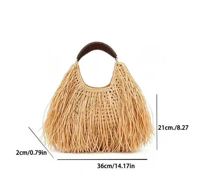 Sac fourre-tout bohème en paille à franges grande capacité