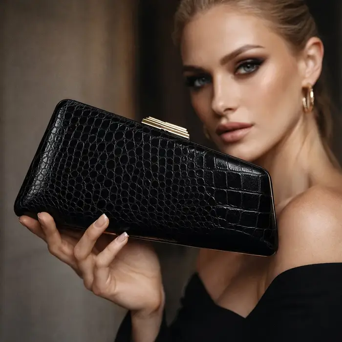 Pochette de soirée en PU motif serpent ou alligator rouge vin avec boucle dorée pour dîner rétro Sac