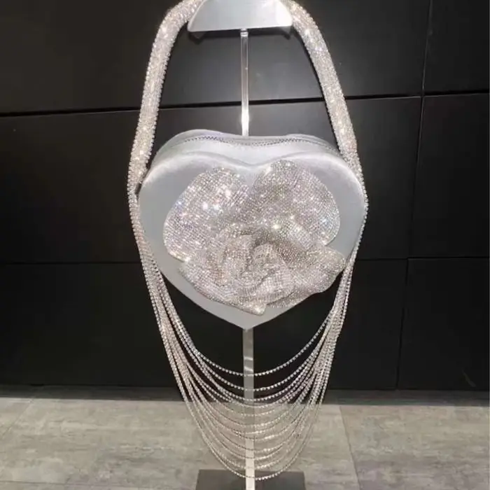 Sac à Main de Luxe à Paillettes Florales, Strass, Diamant, Pompon, en Forme de Cœur, Pochette de ixd