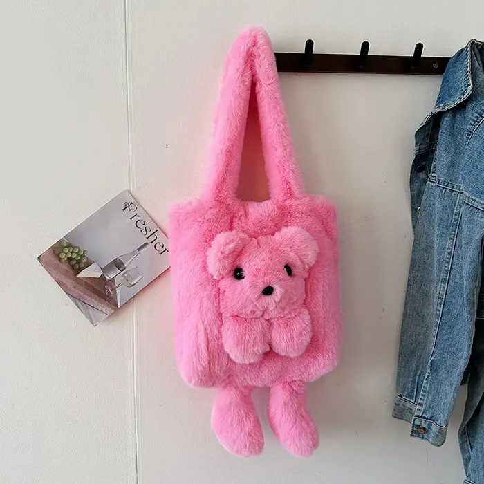 Sacs à bandoulière en peluche ours mignon pour femmes, sacs à main de styliste en fausse fourrure, f