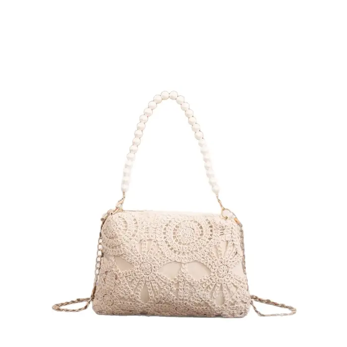 Sac à main femme style français élégant en dentelle avec chaîne de perles