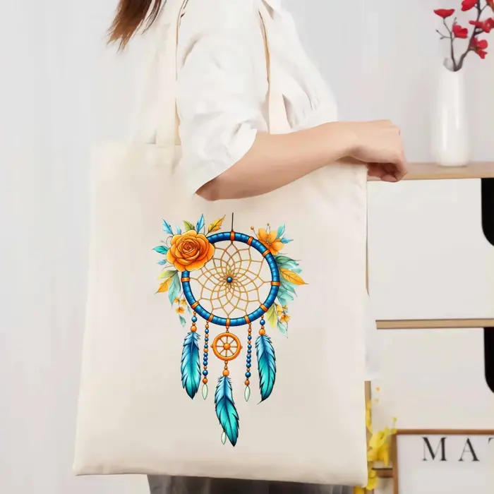 Sac fourre-tout en toile Dream Catcher avec imprimés floraux blancs et plumes pour un usage quotidie