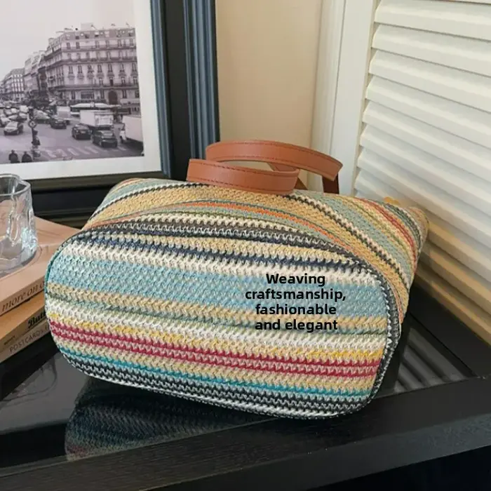 Nouveau sac fourre-tout en paille tressée arc-en-ciel grande capacité pour femme