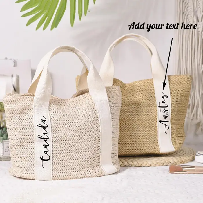 Sac fourre-tout tissé en paille avec texte personnalisé