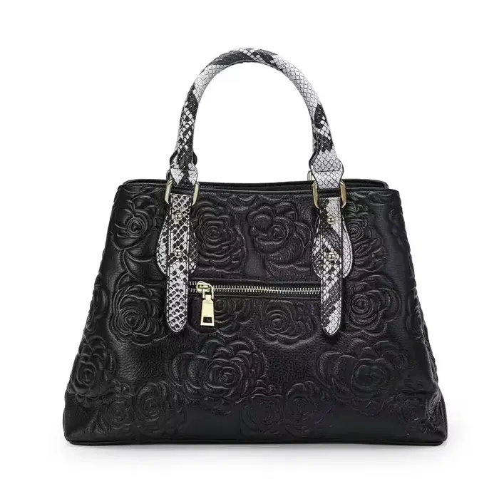 Aidrani Sac à main de luxe en cuir pour femme grande capacité noir avec motif floral et serpent