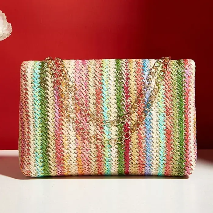 Sac à main en paille rayé multicolore pour femmes