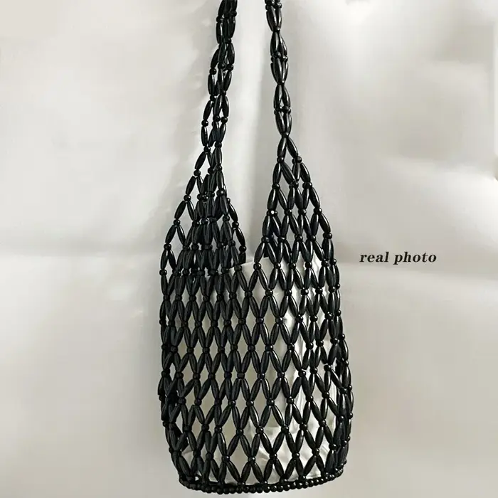 Sac à main tissé pour femmes, Design exquis, fourre-tout en perles de bois ajourées, sac seau à band