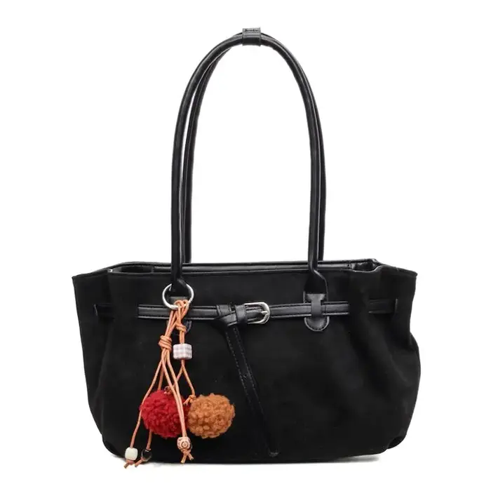 Sac à bandoulière en daim marron pour femme avec pompon décoratif, sac à main décontracté pour le bu