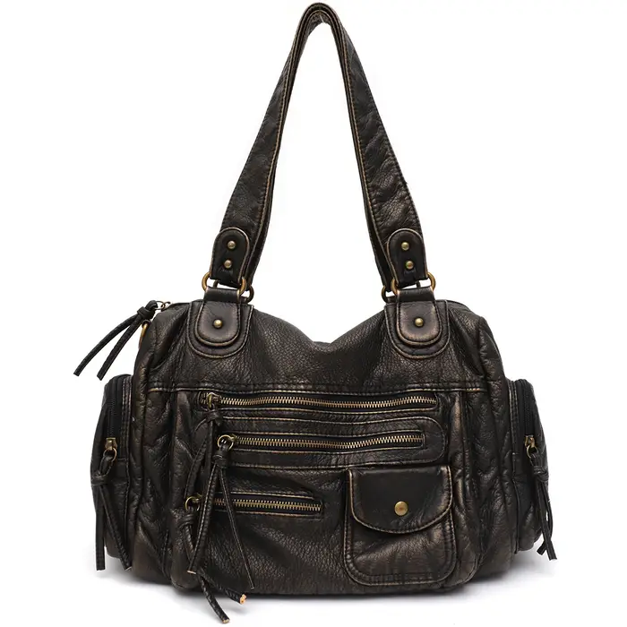 Sac à Bandoulière Vintage Unisexe en Cuir PU Délavé pour Femme, Sacoche à Poches Zippées, Décontract