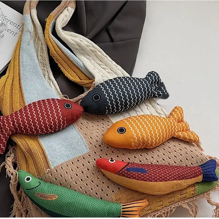 Sac à bandoulière d'été en coton Crochet, sac à main en tissage ajouré à la mode poisson, sac à main de grande capacité avec pompons, sac de plage, sac de Shopping