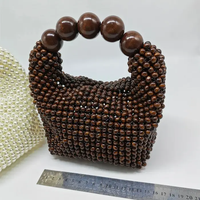 Sac bandoulière rétro français en bois tressé à la main avec perles