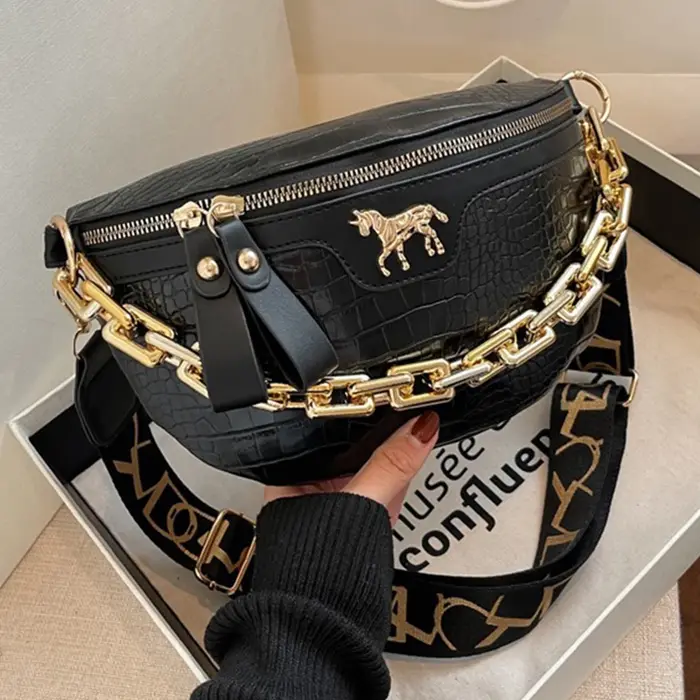Luxueux sac banane doré pour les sorties quotidiennes, élégant, texture croco, Compact, léger, polyv