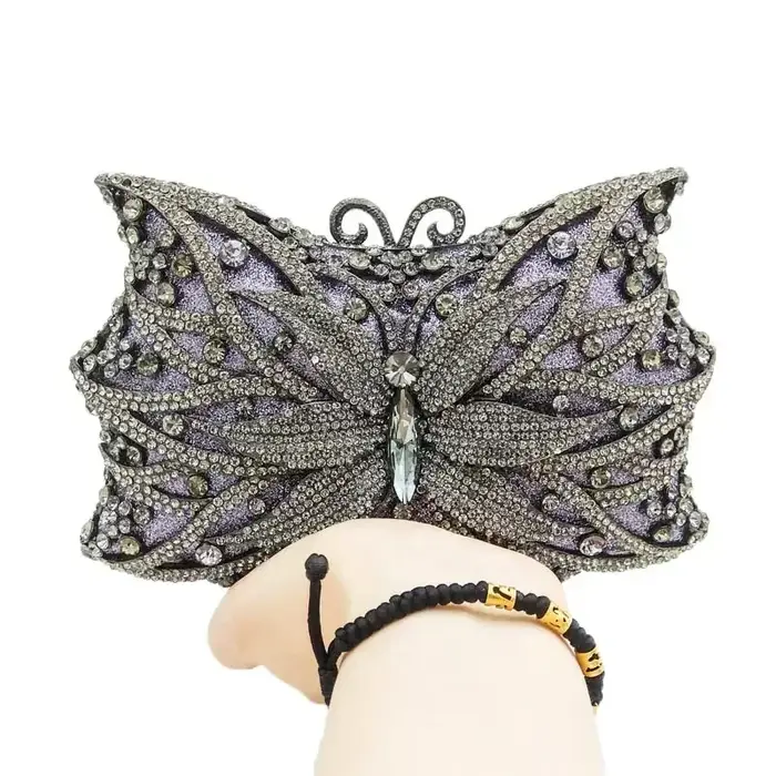 Bouotique De FGG Bling femmes argent papillon pochette sacs à main De soirée mariée mariage strass Minaudiere