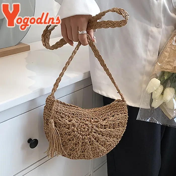 Yogodlns nouveaux sacs de paille demi-ronds pour les femmes été plage sac en rotin tissé à la main demi-lune