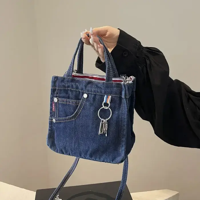 Sac à Main en Denim Délavé de Couleur Unie pour Femme