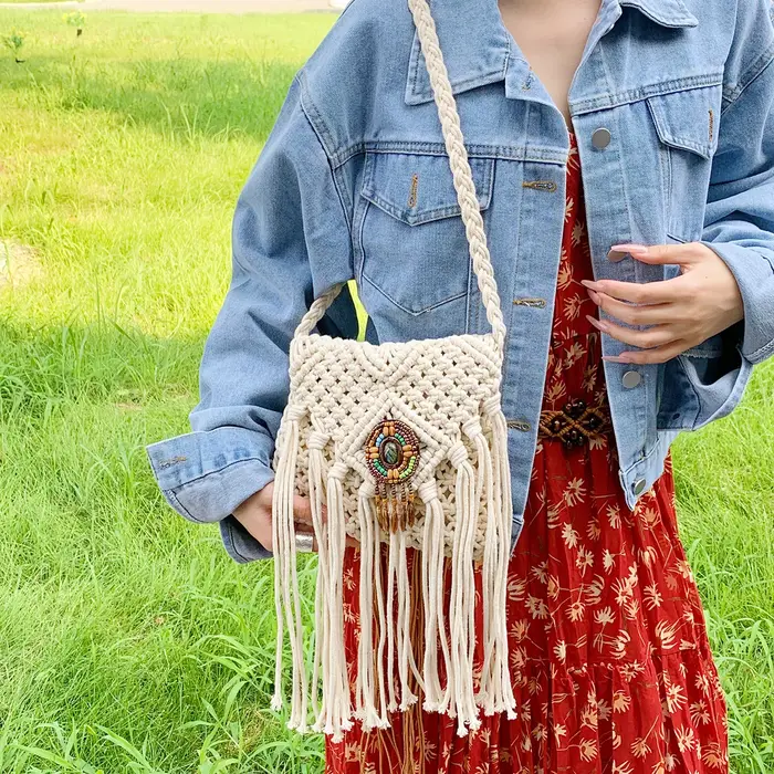 Nouveau sac bandoulière bohème en macramé pour femme