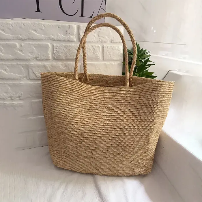 Sac fourre-tout en raphia crocheté à la main japonais, grande capacité, sac à bandoulière d'été, sac de plage vintage bohème en paille tressée ajourée