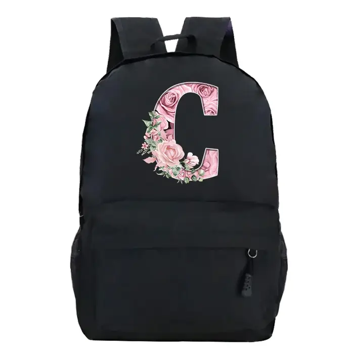 Rose Rose Alphabet sac à dos noir décontracté femmes esthétique sac à dos adolescente garçon fleur lettre sac d'école étudiant Mochilas