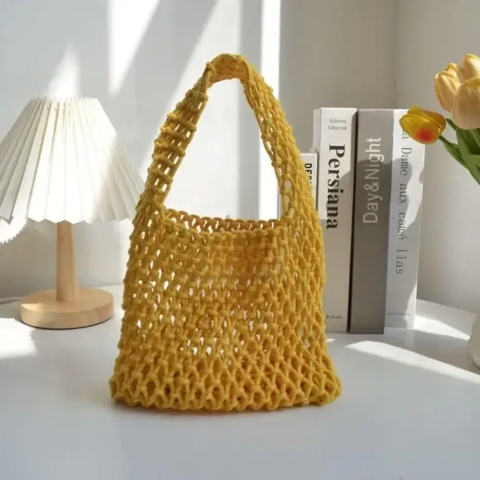 Sac à main tricoté ajouré fait main, pochette d'épaule tissée en corde de coton, coloré, grande capa