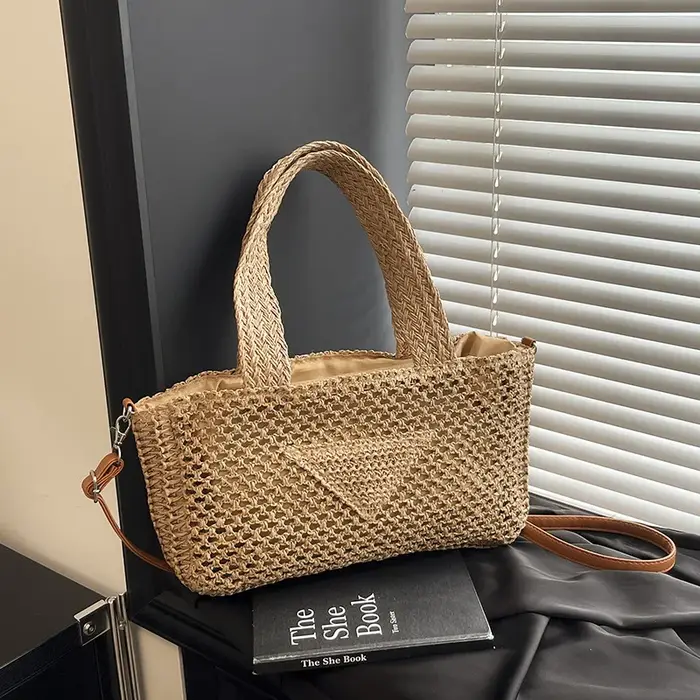 Sac en paille tressé grande capacité style vacances à la plage, sac à bandoulière décontracté ajouré