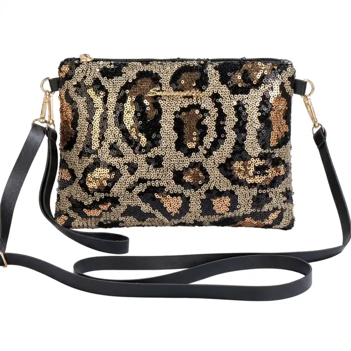 Sac à bandoulière pour femme avec broderie de sequins et imprimé léopard