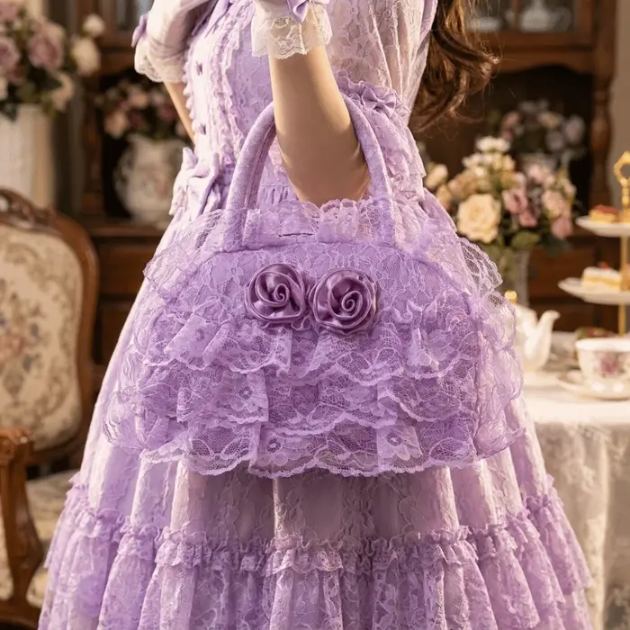 Sac à main en dentelle à volants en polyester, motif rose 3D, sac Lolita multicouche, intérieur spacieux, fermeture éclair, petit sac fourre-tout